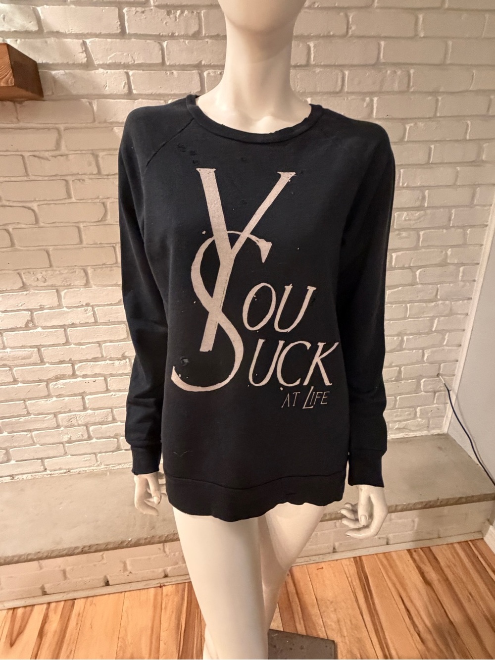 UNIF “You Suck at Life” Distressed Graphic Sweatshirt Black Size S NWOT - Picture 2 of 16